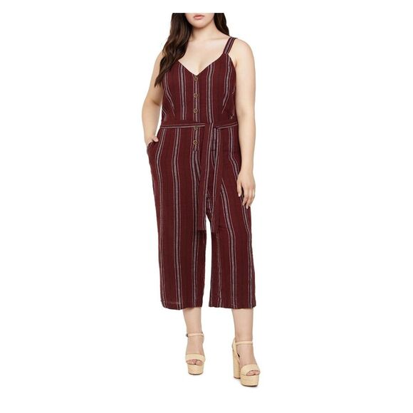 SANCTUARY Womens Maroon Belted Button Front Cropped Wide Leg Jumpsuit Plus 2X - Picture 1 of 2